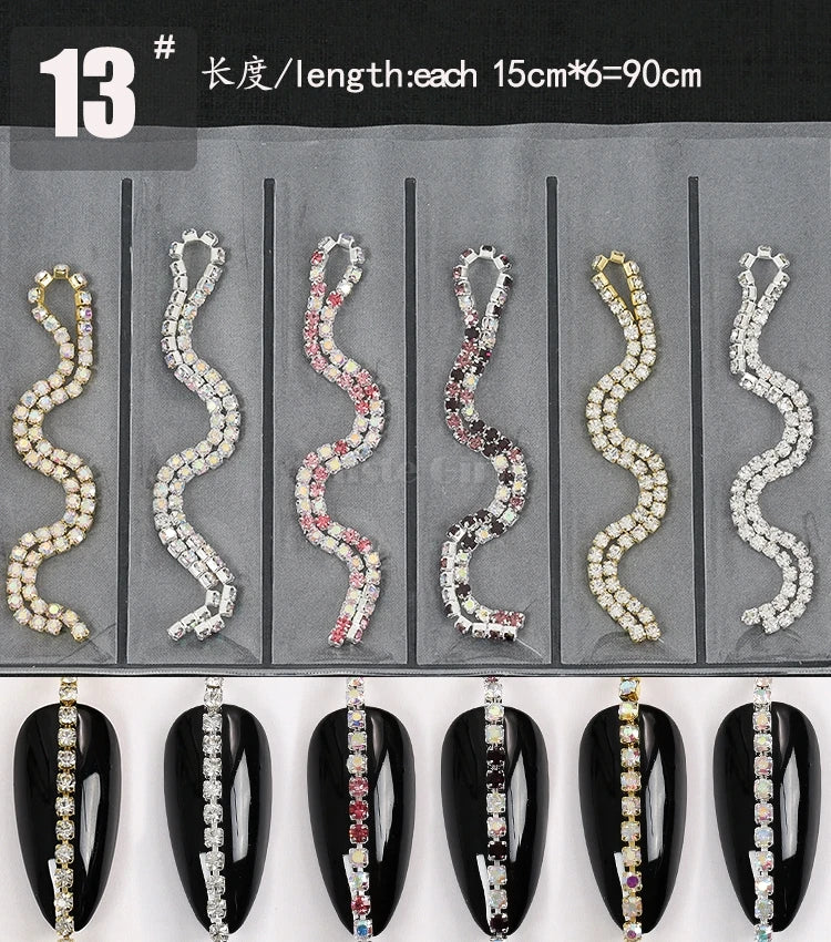6 Grids/Pack Multi-colored All Various Shapes Chains Ring Buckle Metal 3D Studs Nail Art Alloy Decorations Manicure DIY
