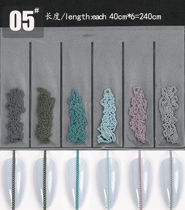 6 Grids/Pack Multi-colored All Various Shapes Chains Ring Buckle Metal 3D Studs Nail Art Alloy Decorations Manicure DIY