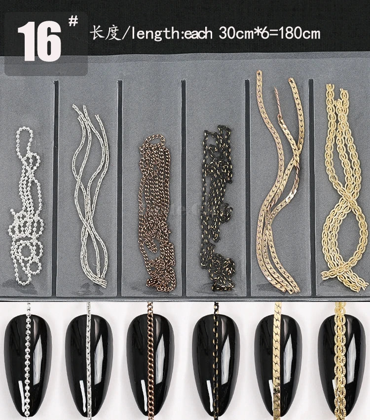 6 Grids/Pack Multi-colored All Various Shapes Chains Ring Buckle Metal 3D Studs Nail Art Alloy Decorations Manicure DIY