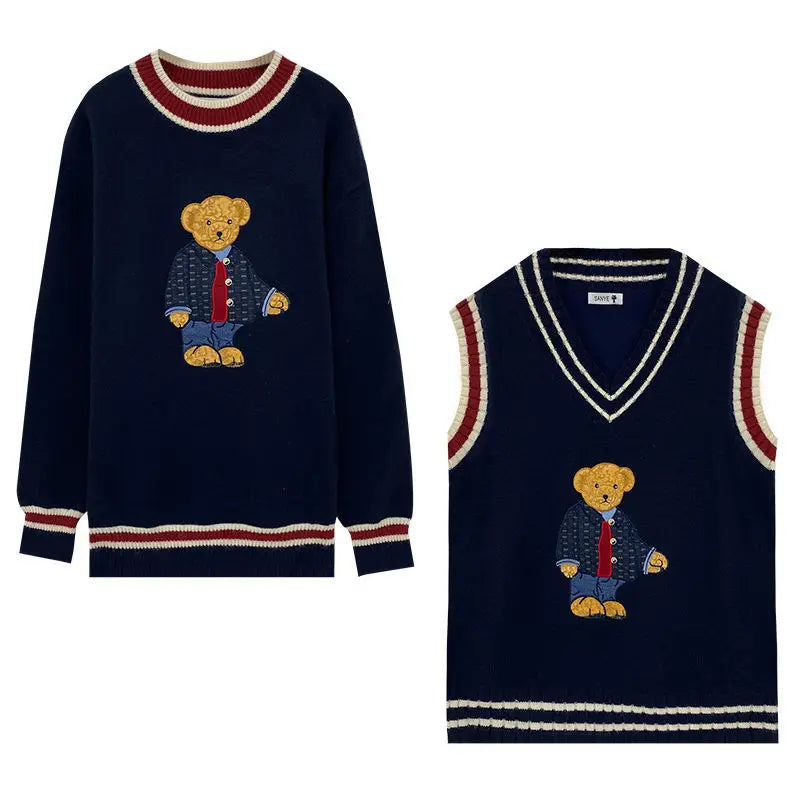 2025 Autumn Winter Women's Vest Japanese Style Cartoon Bear Pullover Vest Sweater Oversize Harajuku Kawaii Clothes Knitted Vest