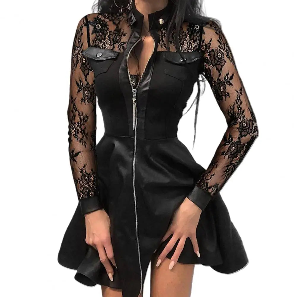 Long Sleeve Zipper Pocket Large Hem Faux Leather Lace Mini Dress