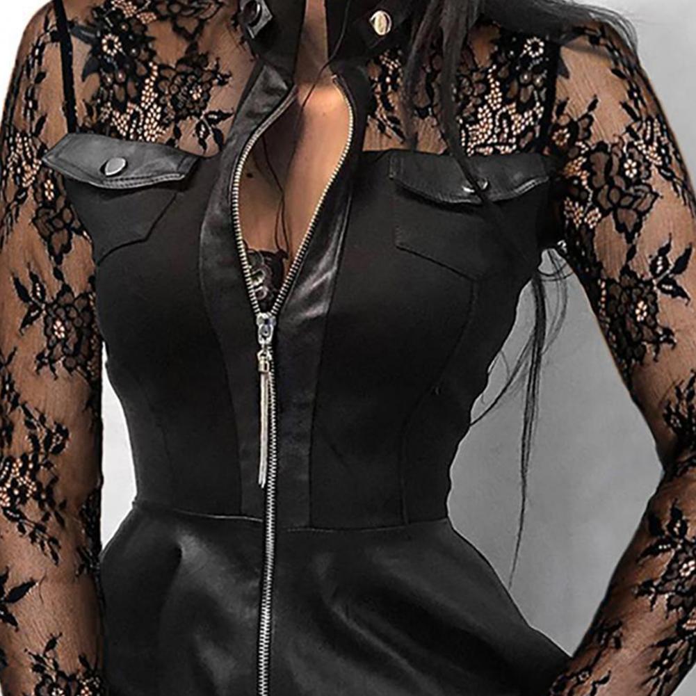 Long Sleeve Zipper Pocket Large Hem Faux Leather Lace Mini Dress