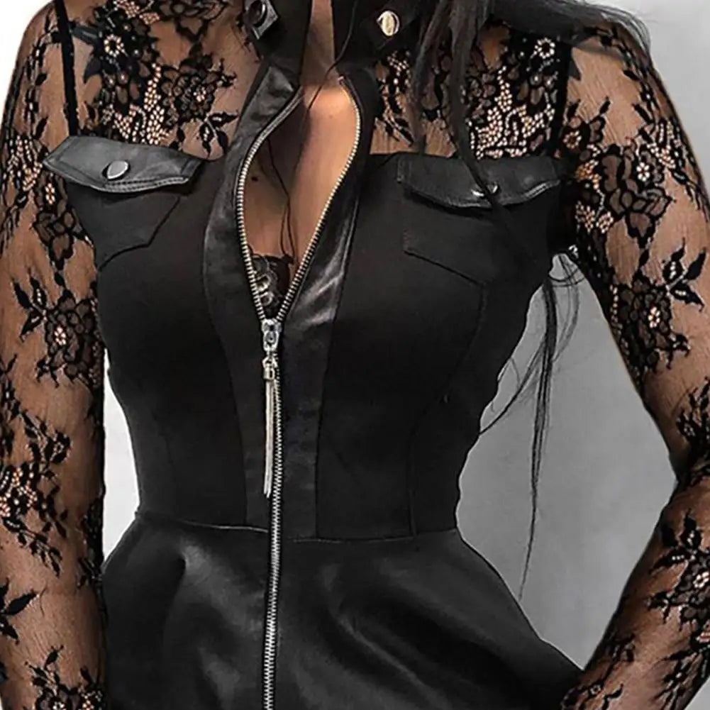 Long Sleeve Zipper Pocket Large Hem Faux Leather Lace Mini Dress