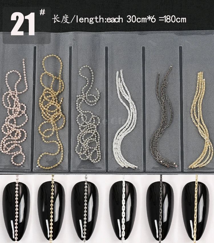6 Grids/Pack Multi-colored All Various Shapes Chains Ring Buckle Metal 3D Studs Nail Art Alloy Decorations Manicure DIY