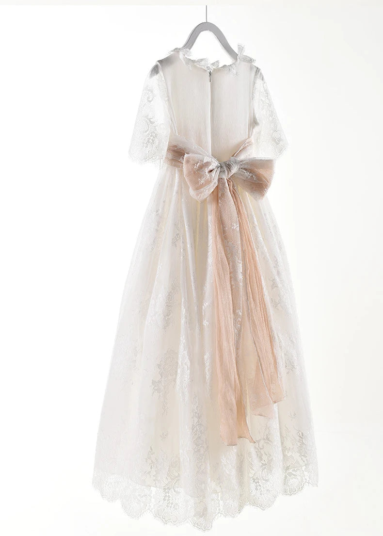 Long White Dresses for Kids Girls Princess Elegant Wedding Guest Children Bridesmaid Lace Dress Party Evening Gown 3 6 14 Years