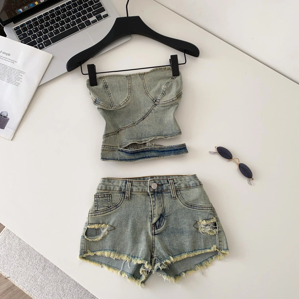 Tube Top And Slim Denim Shorts Set