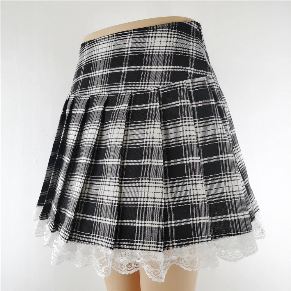 Lace Plaid Pleated Skirt