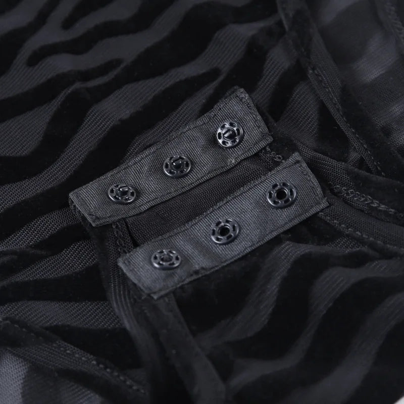 Black Mesh Transparent Zebra Bodysuit Long Sleeve Mock Neck Casual Bodysuit