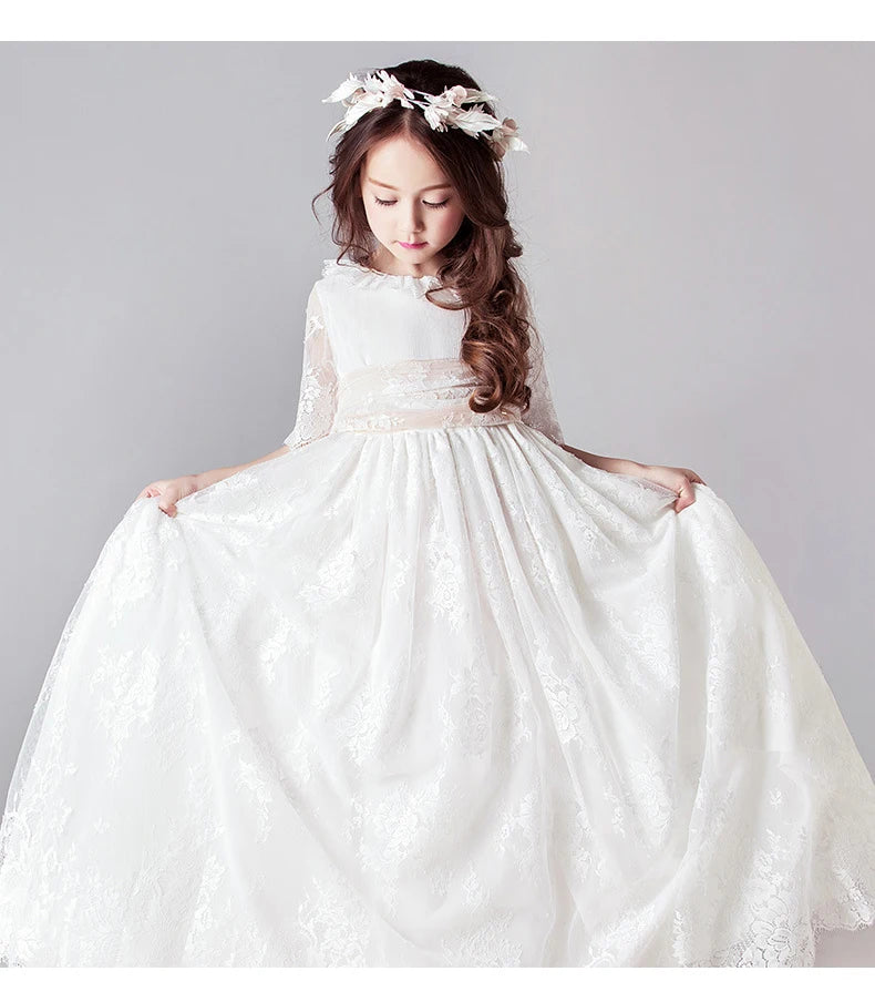 Long White Dresses for Kids Girls Princess Elegant Wedding Guest Children Bridesmaid Lace Dress Party Evening Gown 3 6 14 Years