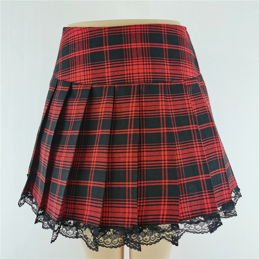Lace Plaid Pleated Skirt