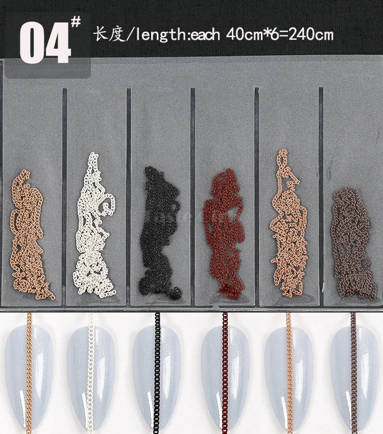 6 Grids/Pack Multi-colored All Various Shapes Chains Ring Buckle Metal 3D Studs Nail Art Alloy Decorations Manicure DIY