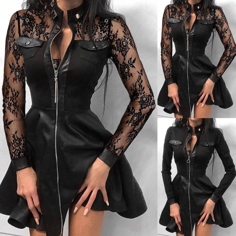 Long Sleeve Zipper Pocket Large Hem Faux Leather Lace Mini Dress