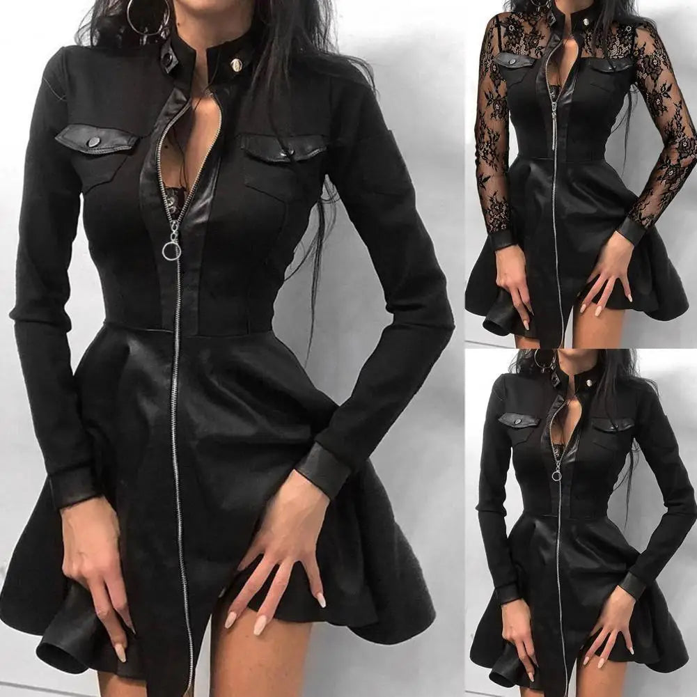 Long Sleeve Zipper Pocket Large Hem Faux Leather Lace Mini Dress