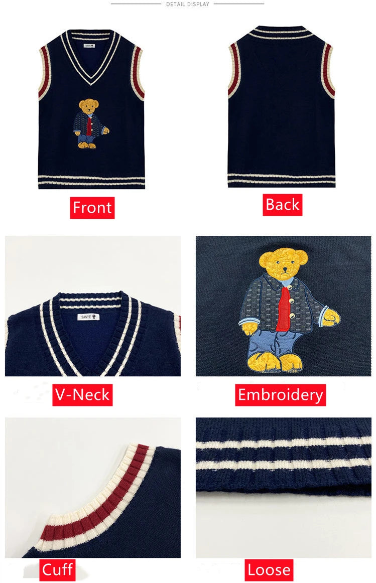 2025 Autumn Winter Women's Vest Japanese Style Cartoon Bear Pullover Vest Sweater Oversize Harajuku Kawaii Clothes Knitted Vest