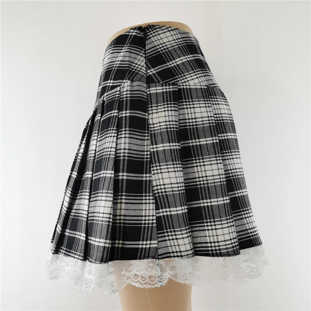 Lace Plaid Pleated Skirt