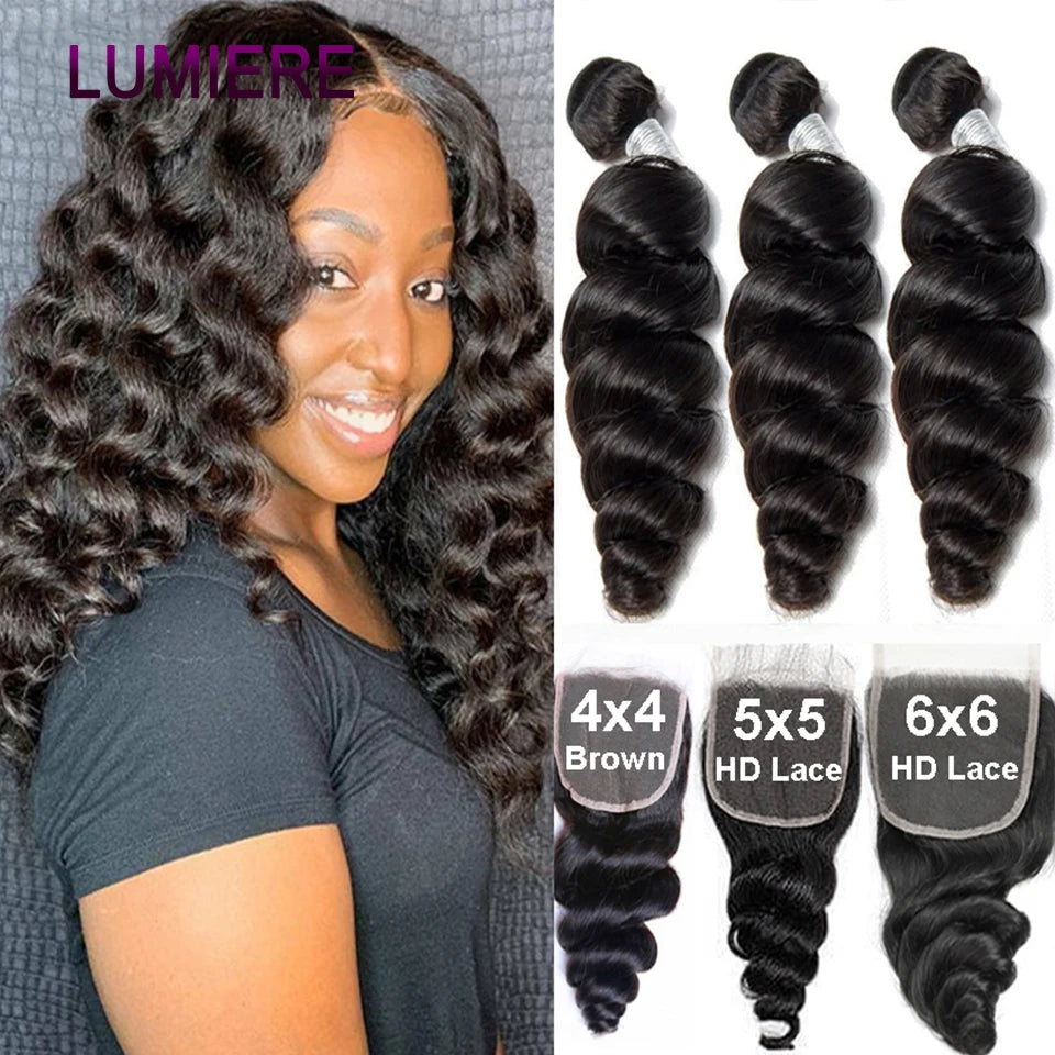 Loose Deep Wave Human Hair Bundles With 5x5 6x6 HD Lace Closure Frontal With Bundles Virgin Raw Hair Weave Hair Extension 8-40"