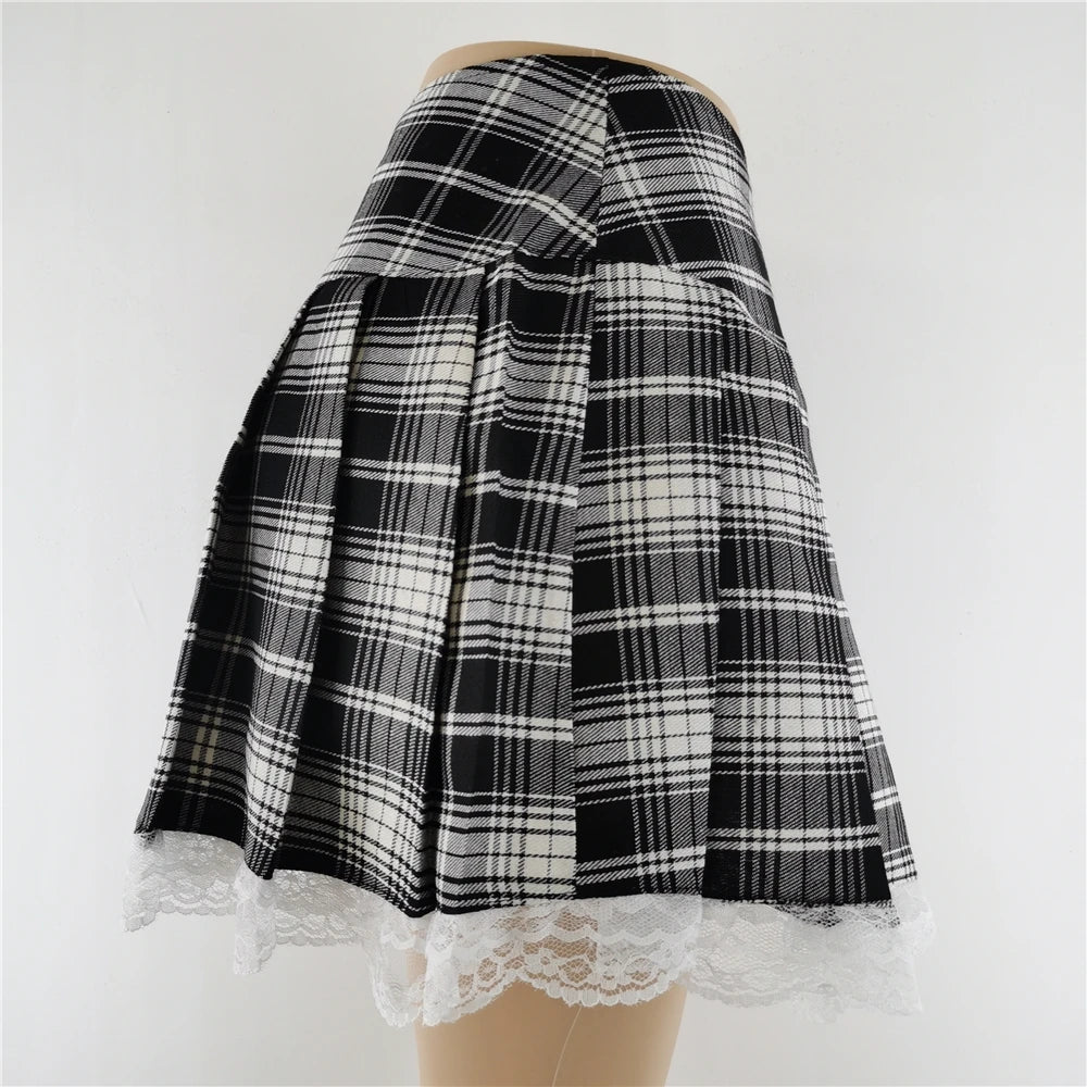 Lace Plaid Pleated Skirt