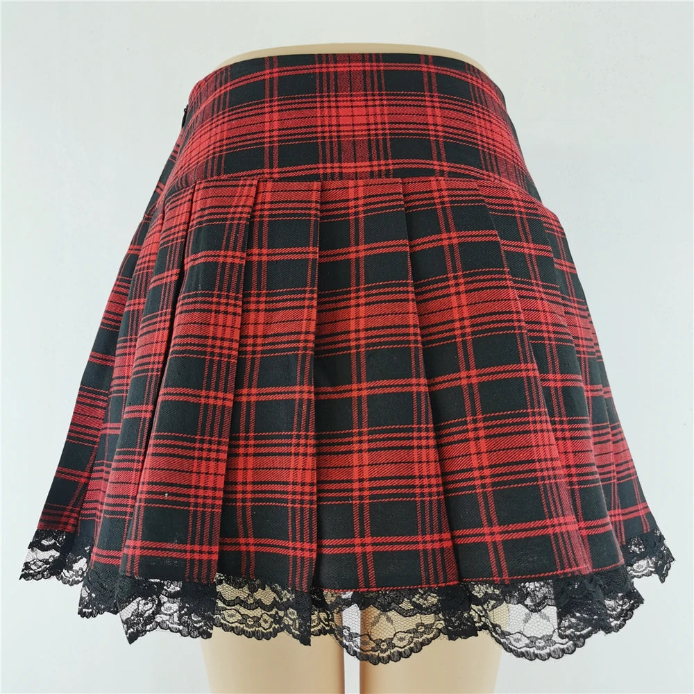 Lace Plaid Pleated Skirt