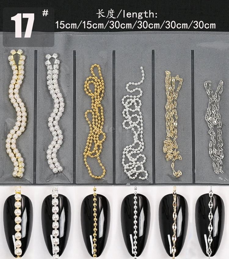 6 Grids/Pack Multi-colored All Various Shapes Chains Ring Buckle Metal 3D Studs Nail Art Alloy Decorations Manicure DIY