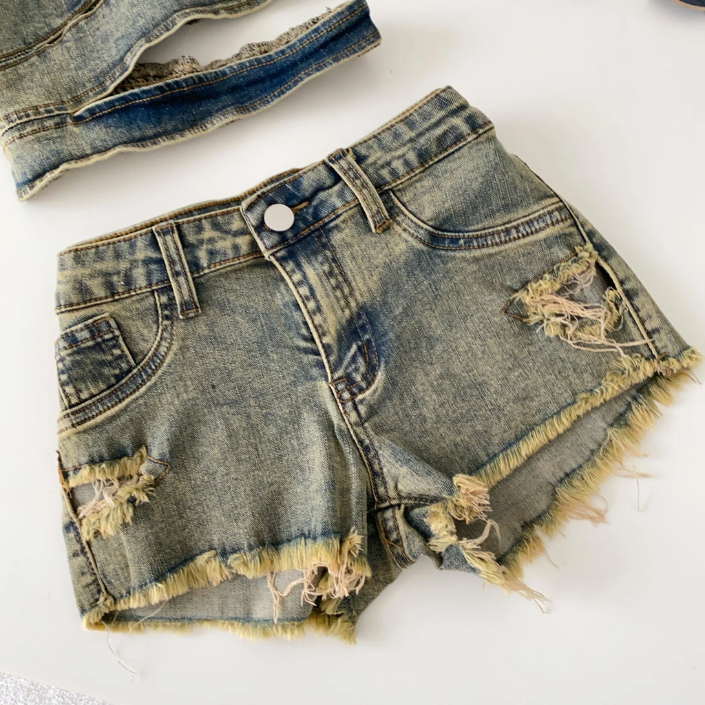 Tube Top And Slim Denim Shorts Set