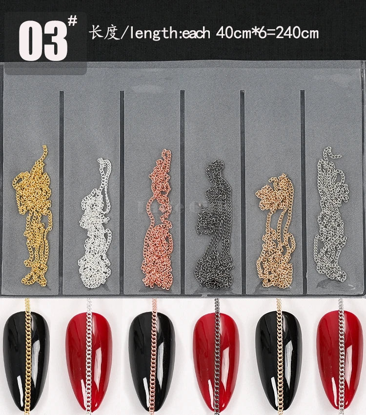 6 Grids/Pack Multi-colored All Various Shapes Chains Ring Buckle Metal 3D Studs Nail Art Alloy Decorations Manicure DIY