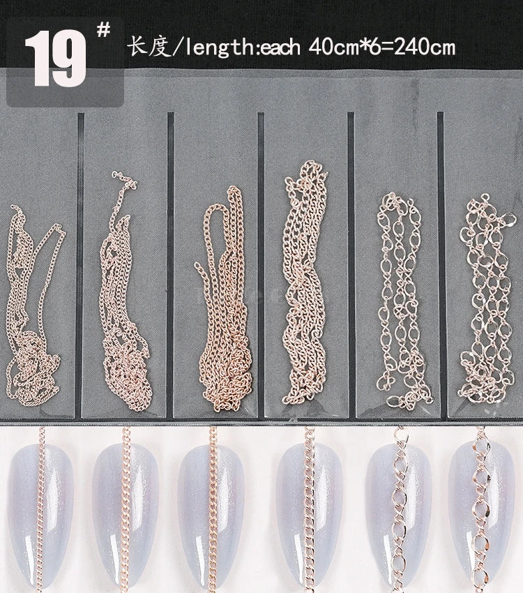 6 Grids/Pack Multi-colored All Various Shapes Chains Ring Buckle Metal 3D Studs Nail Art Alloy Decorations Manicure DIY