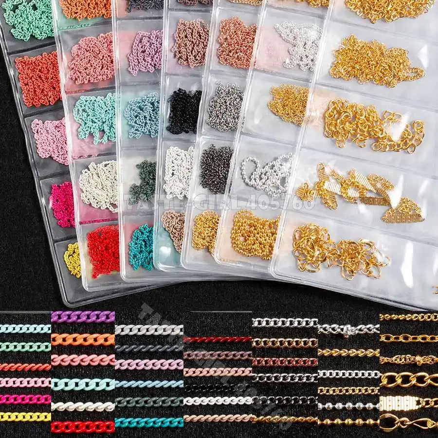 6 Grids/Pack Multi-colored All Various Shapes Chains Ring Buckle Metal 3D Studs Nail Art Alloy Decorations Manicure DIY