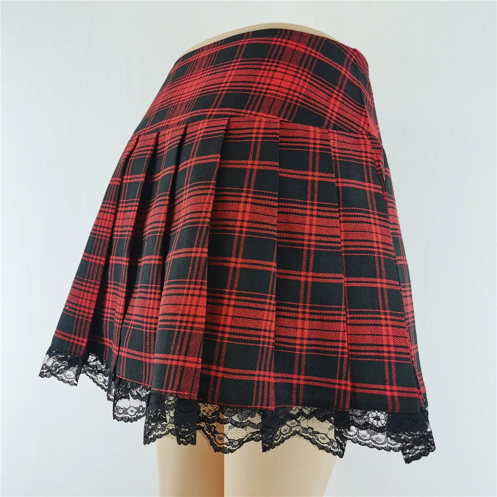 Lace Plaid Pleated Skirt