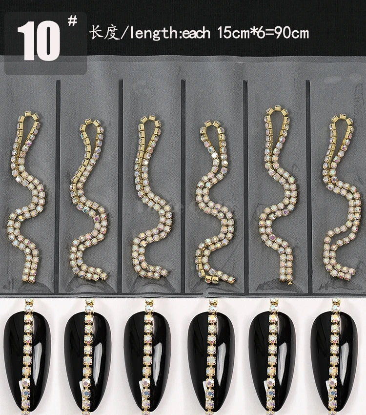 6 Grids/Pack Multi-colored All Various Shapes Chains Ring Buckle Metal 3D Studs Nail Art Alloy Decorations Manicure DIY