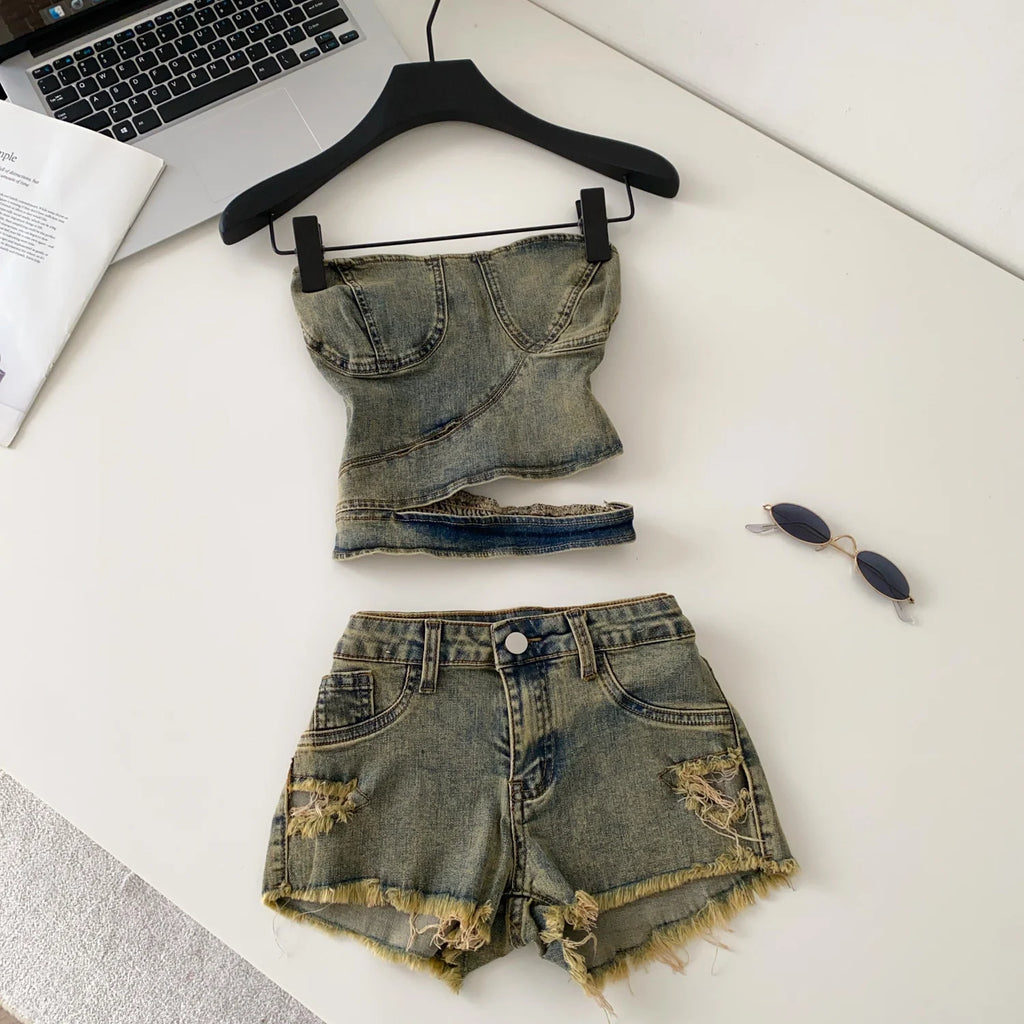 Tube Top And Slim Denim Shorts Set