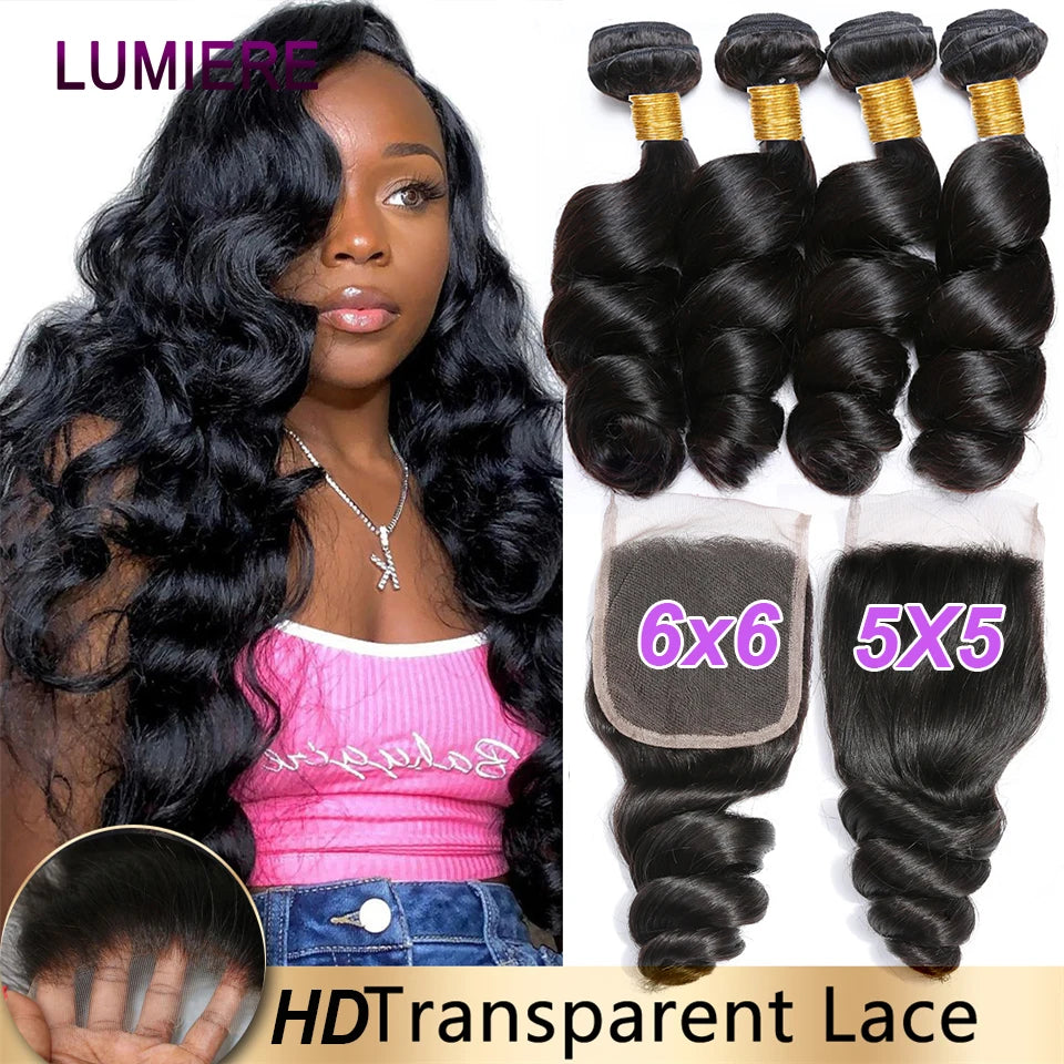 Loose Deep Wave Human Hair Bundles With 5x5 6x6 HD Lace Closure Frontal With Bundles Virgin Raw Hair Weave Hair Extension 8-40"