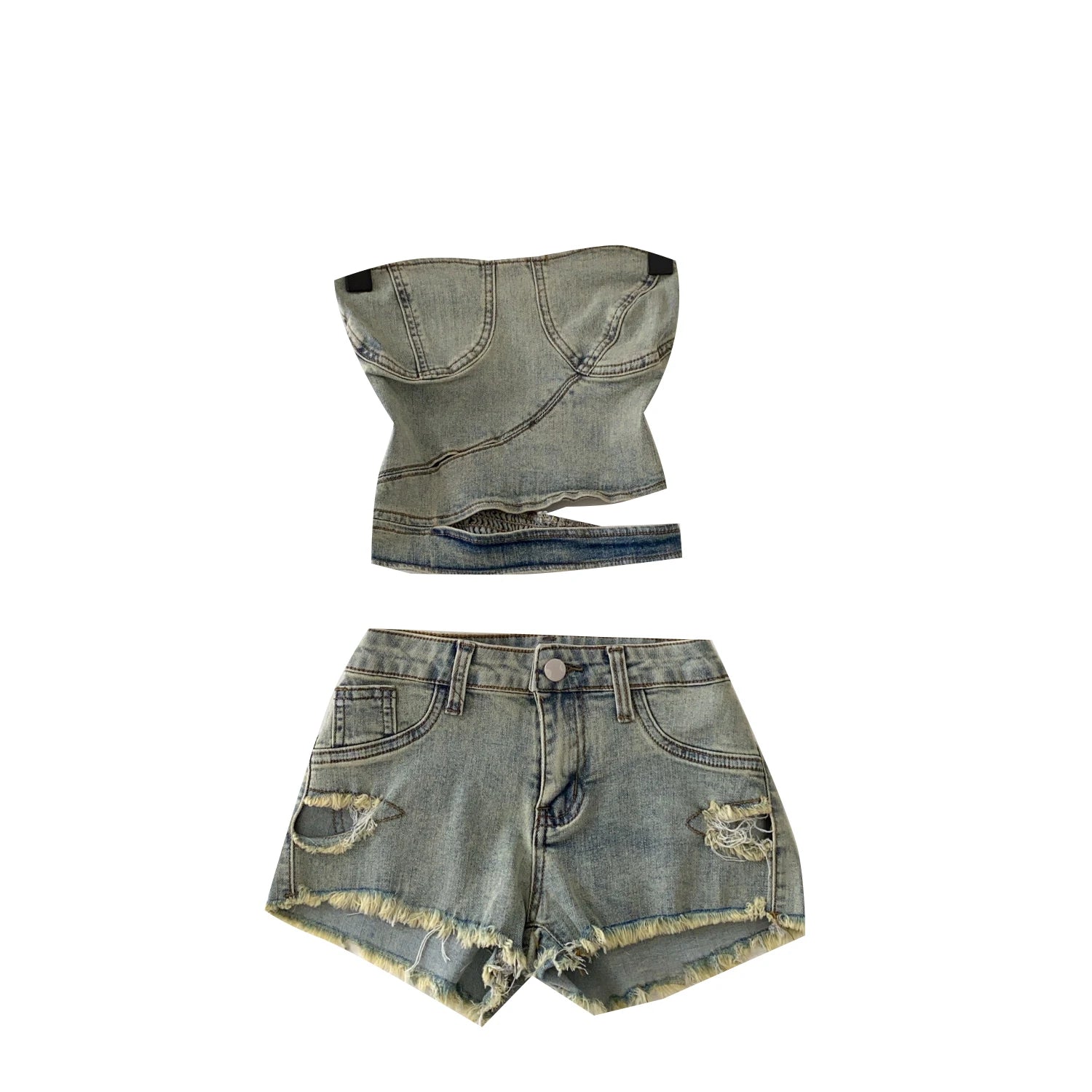 Tube Top And Slim Denim Shorts Set