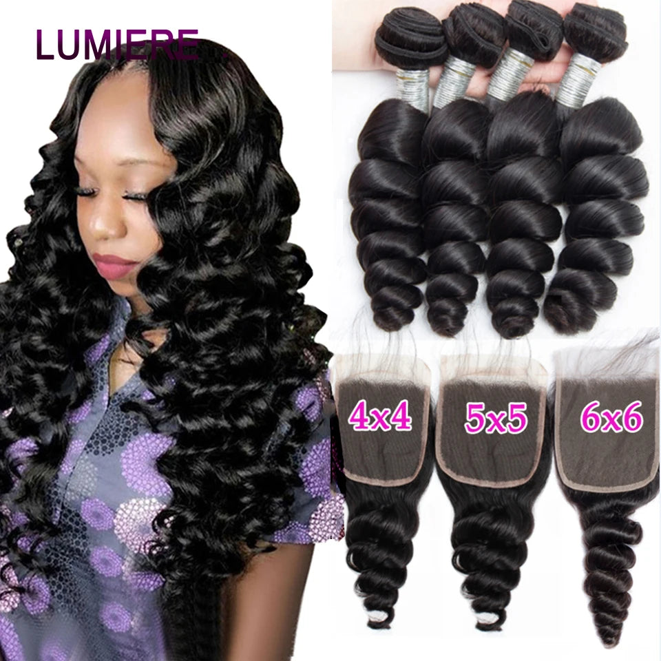 Loose Deep Wave Human Hair Bundles With 5x5 6x6 HD Lace Closure Frontal With Bundles Virgin Raw Hair Weave Hair Extension 8-40"