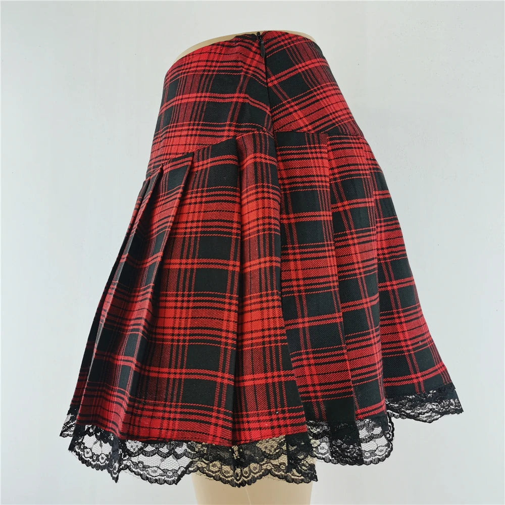 Lace Plaid Pleated Skirt