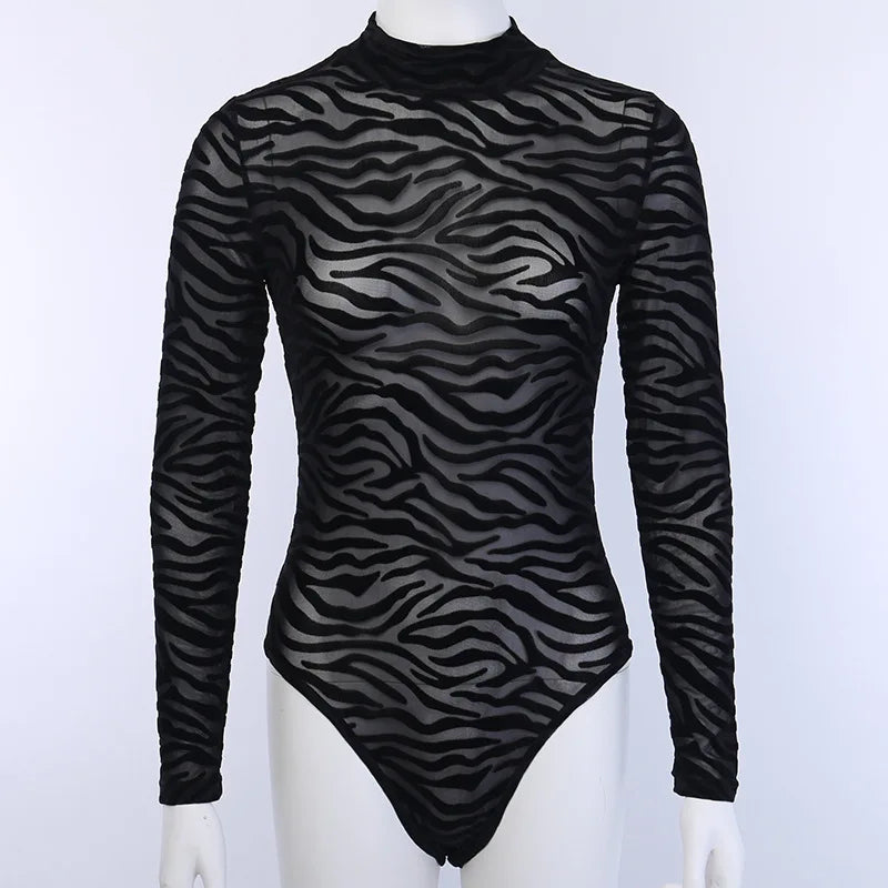 Black Mesh Transparent Zebra Bodysuit Long Sleeve Mock Neck Casual Bodysuit