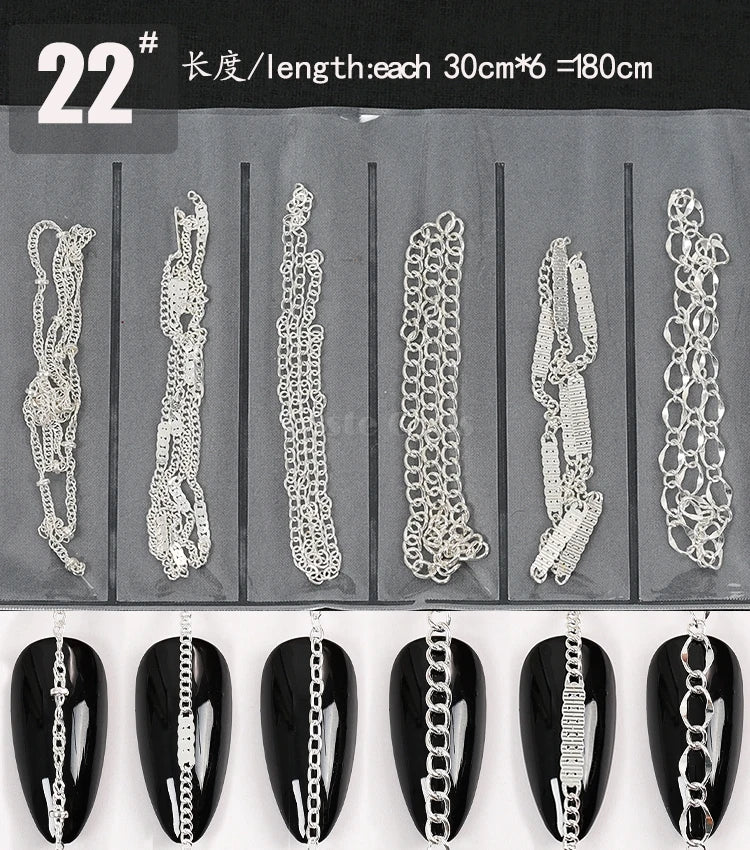 6 Grids/Pack Multi-colored All Various Shapes Chains Ring Buckle Metal 3D Studs Nail Art Alloy Decorations Manicure DIY