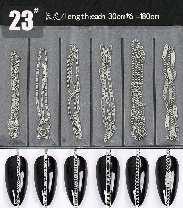 6 Grids/Pack Multi-colored All Various Shapes Chains Ring Buckle Metal 3D Studs Nail Art Alloy Decorations Manicure DIY