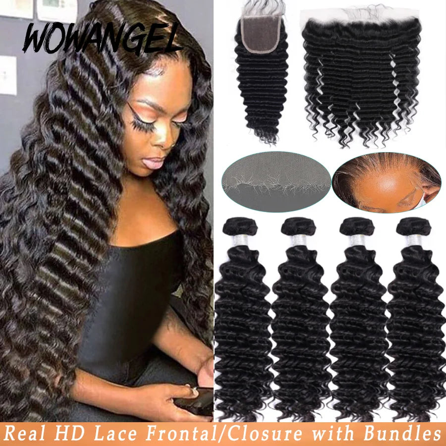 32 inch HD Lace Frontal With Bundles Deep Wave Human Hair 5x5/6x6/13x4/13x6 Brazilian Remy Hair Melt Skins Hair Weave Extension