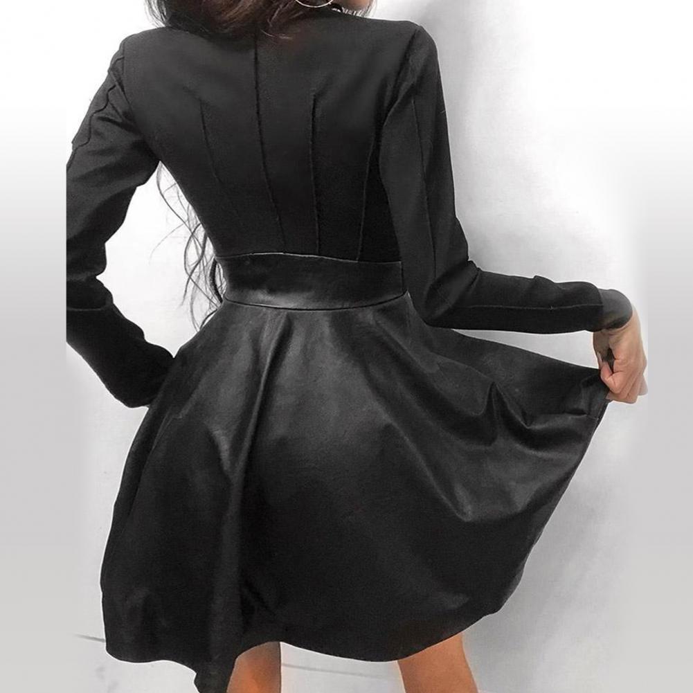 Long Sleeve Zipper Pocket Large Hem Faux Leather Lace Mini Dress
