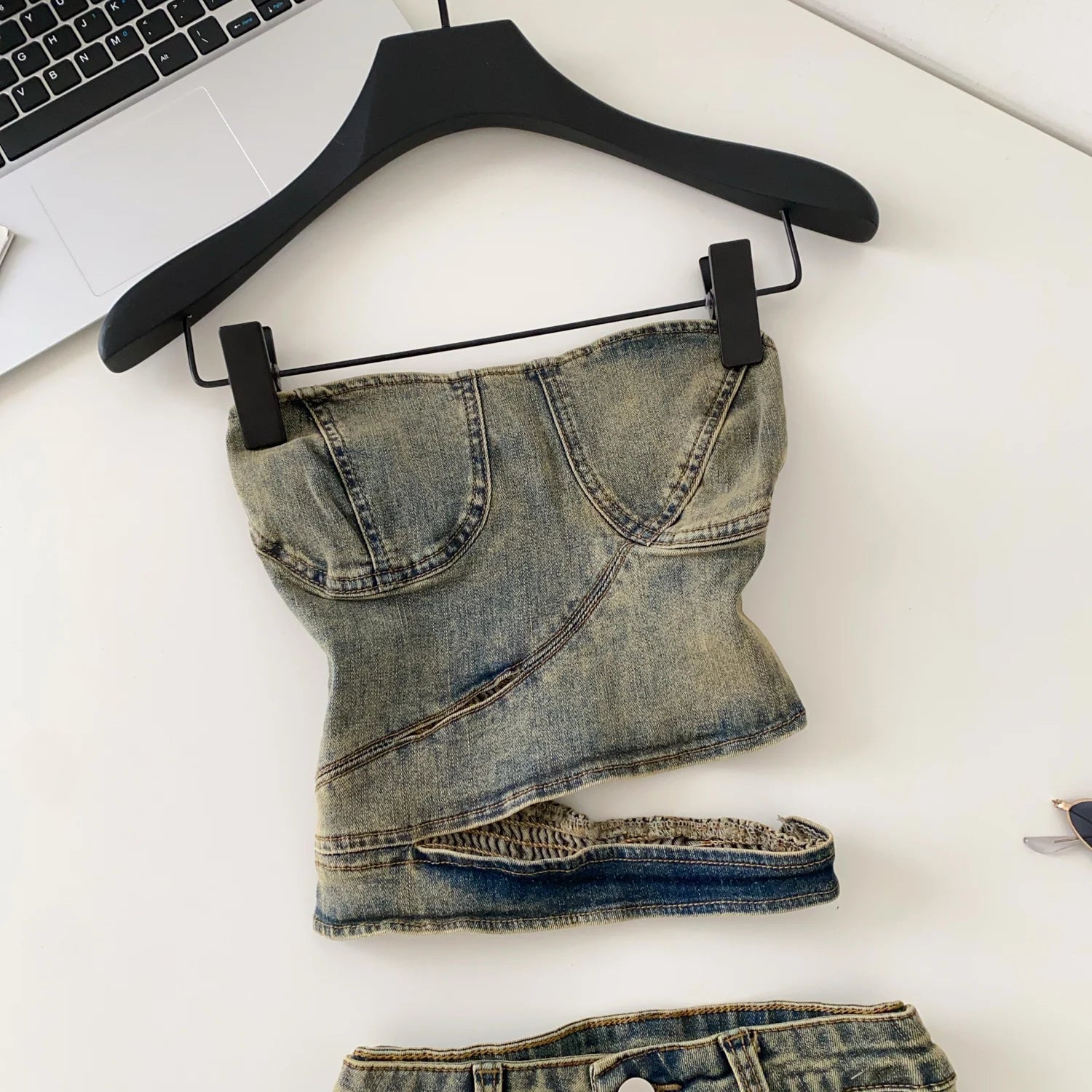 Tube Top And Slim Denim Shorts Set