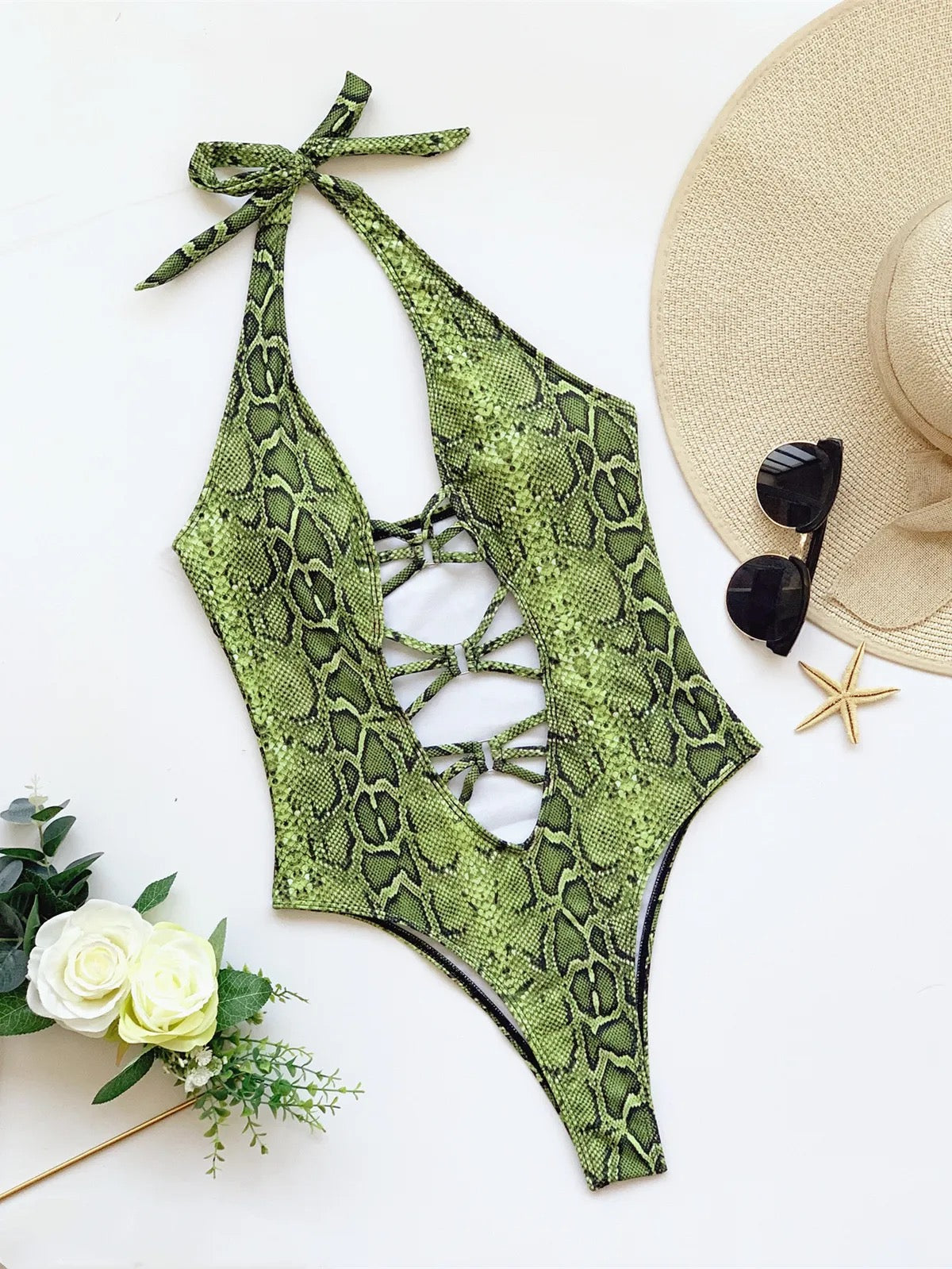 Snake Print Hollow Out Swimsuit