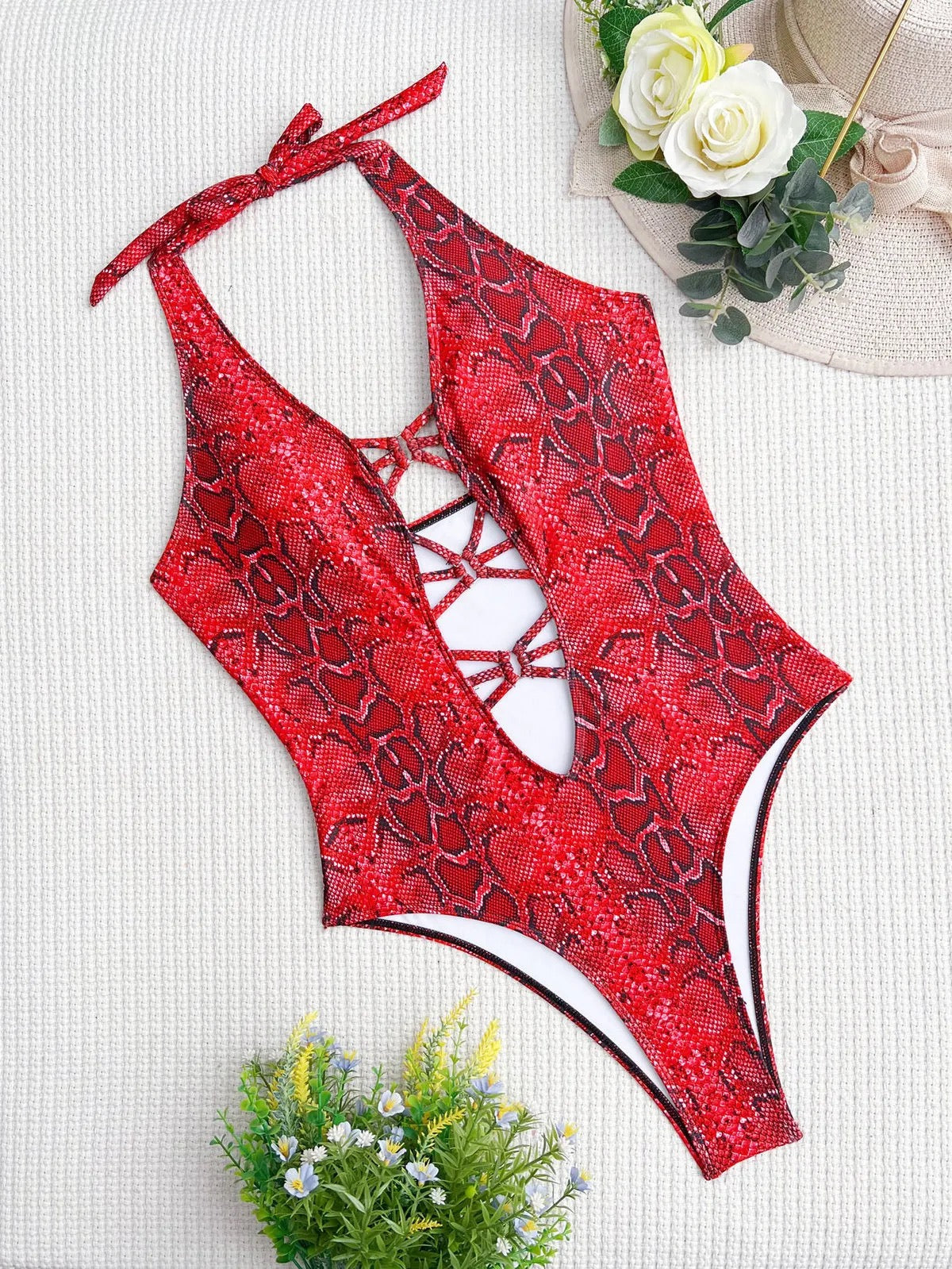 Snake Print Hollow Out Swimsuit