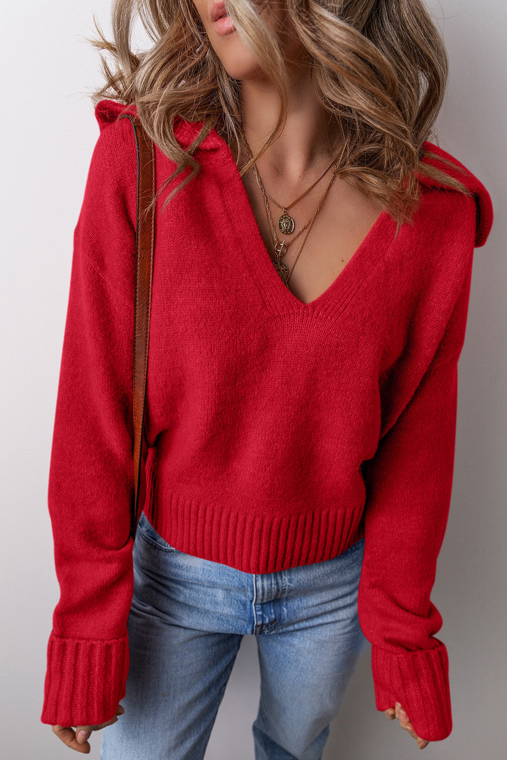 Red V Neck Ribbed Sweater FB