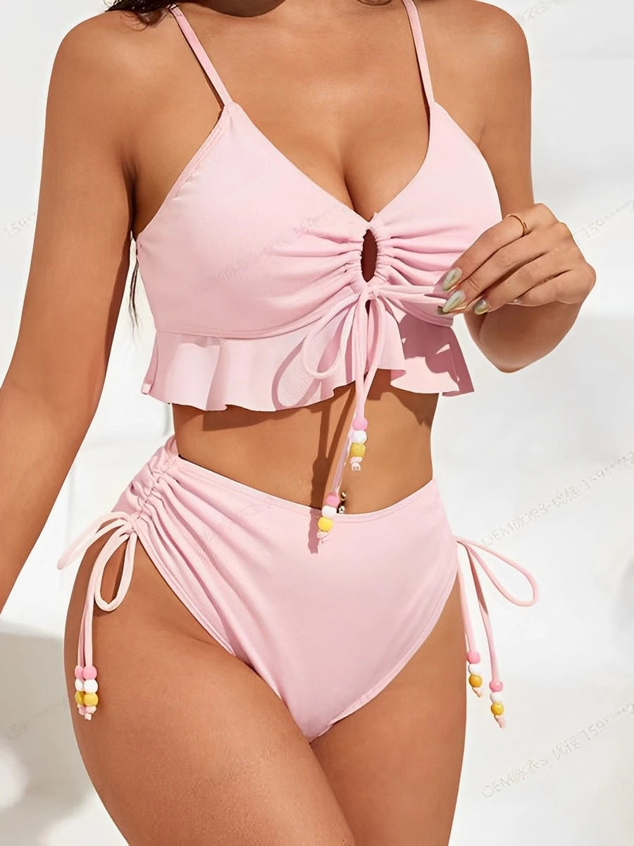 2025 High Waist Bikini Women Drawstring Swimwear Female Ruffle Swimsuit Solid Bathers Bathing Swimming Swim Suit Beachwear