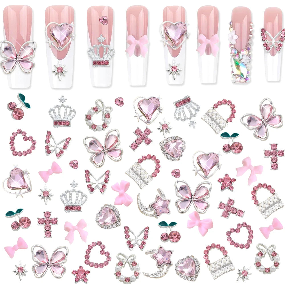 50/58Pcs Mixed Luxury Pink Crystal Butterfly/Bow Y2k Nail Charms 3D Metal Silver Alloy Nail Art DIY Sweet Pink Manicure Jewelry