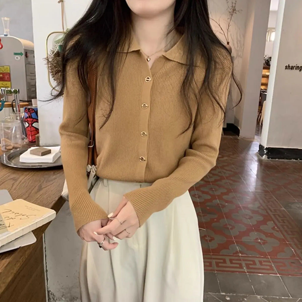 Autumn Elegant Fashion Solid Knit Cardigan Women Clothing Chic Turn-down Collar Long Sleeve Sweater All-match Elegant Button Top