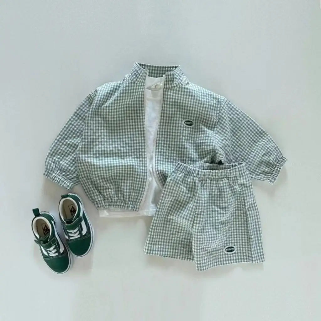 Children's Plaid Loose Coat New 0-5Y Boys Long Sleeve Sunscreen Jacket +shorts Girls Zippered Jacket Top Shorts Sun Proof Sets