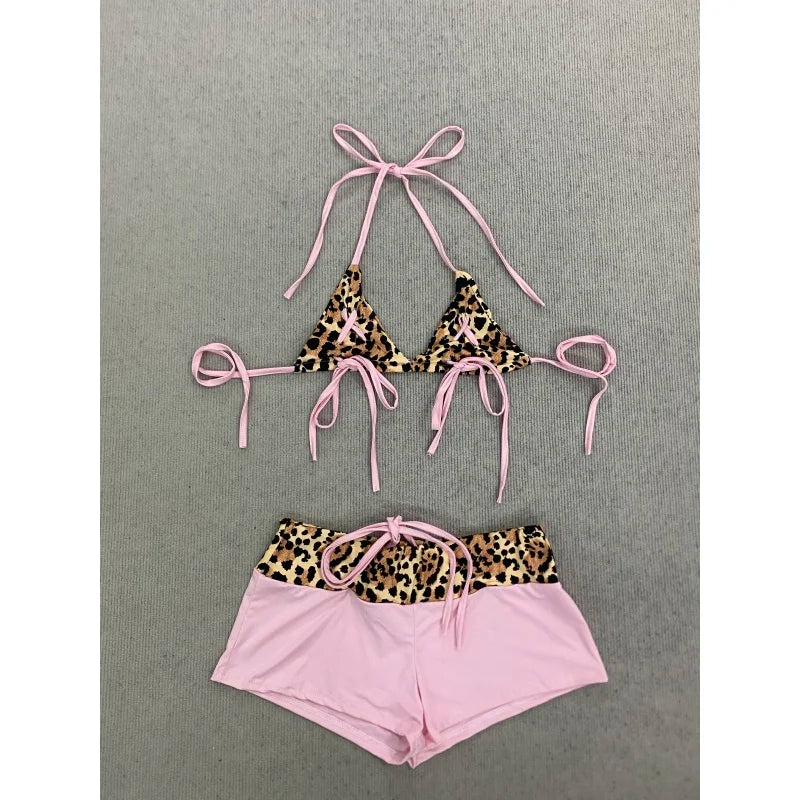 Leopard and Pink String Triangle Bikini Set with Boyshorts