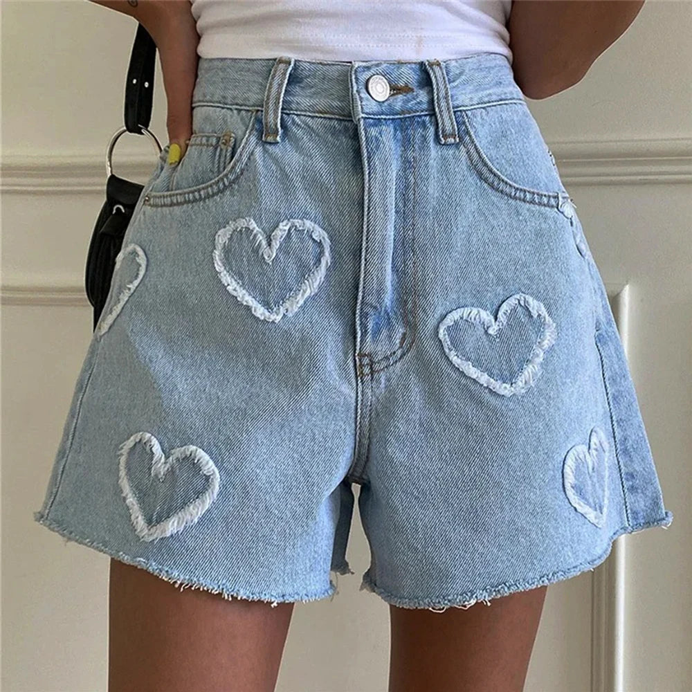 High Waist LOVE Heart Shaped Pattern Jean Shorts
