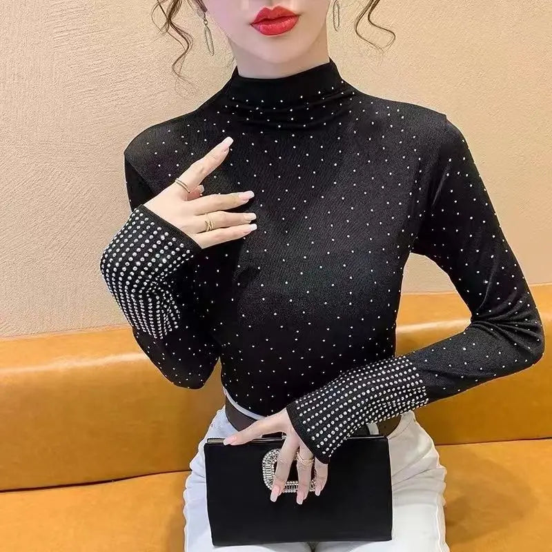 Rhinestone Half High Collar Basic T-Shirt